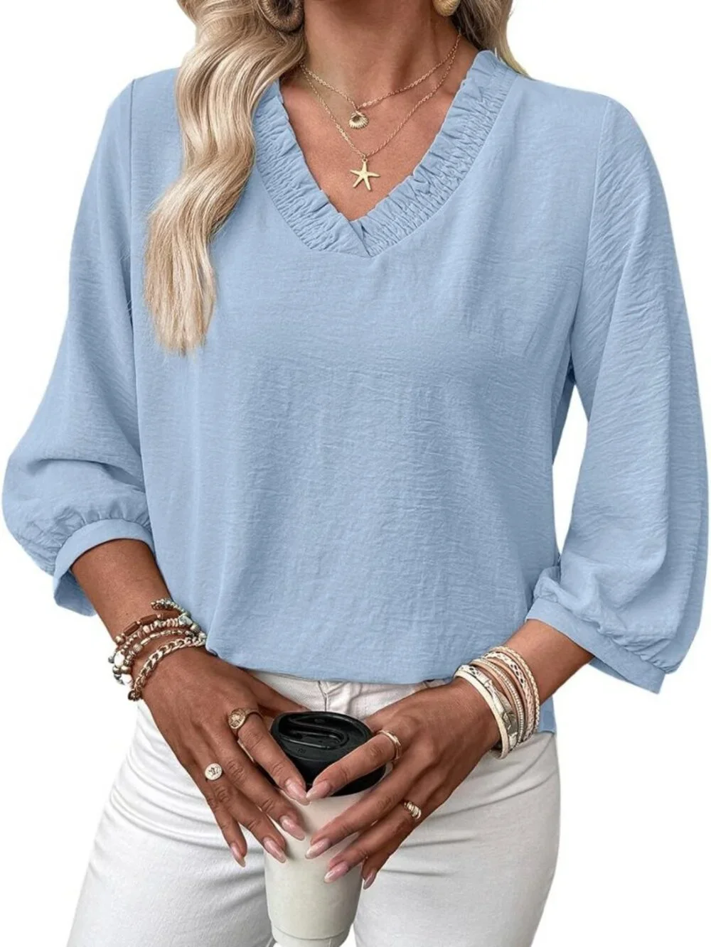 Smocked Neck 3/4 Sleeve Loose Fit Tops for Women | Dressy, Casual, Business Wear